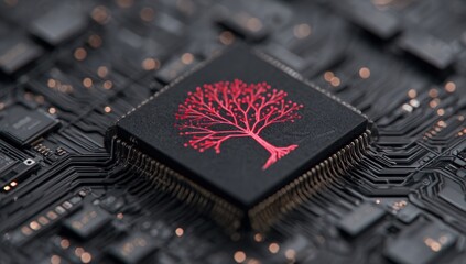 Close-up of a circuit board with a red tree graphic