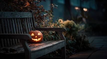 Jack O'Lantern on Bench at Night Spooky Halloween Scene