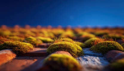 Close-up view of mossy terracotta tiles