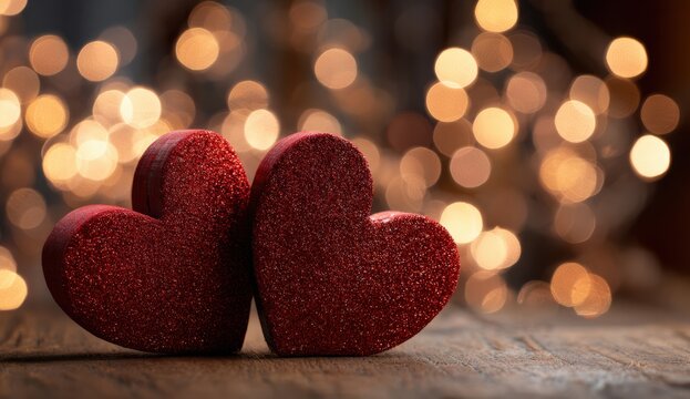 Two red hearts on a wooden surface with bokeh lights