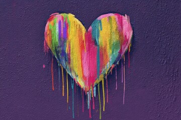 Colorful heart dripping paint on a purple textured wall