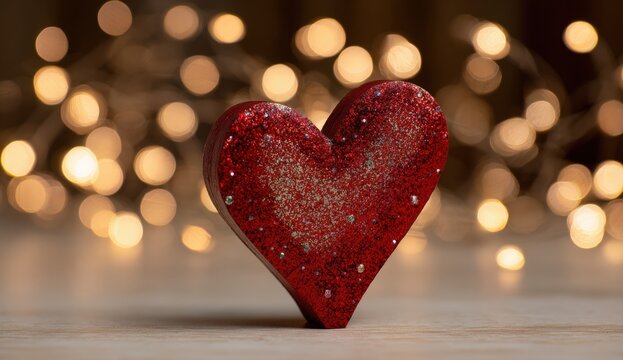Red glitter heart on wood with blurred lights