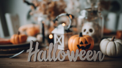 幻想的で温かい光が広がるハロウィンイラスト。揺れるキャンドルと白いパンプキンランタン、テーブルに配置された「Halloween」の文字が印象的。インテリアや広告バナー、イベント用背景にも使える秋の素材