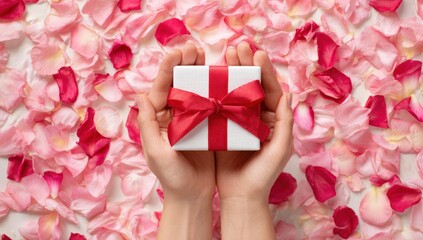Hands holding a small white gift box with a red ribbon on a bed of rose petals