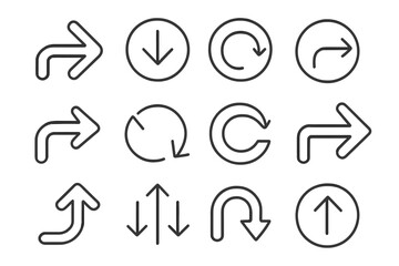 Arrow line icon set. Simple outline signs for graphic and web design. Vector direction symbols. Navigation, download, upload, refresh, reload, return buttons. Pictogram bundle.