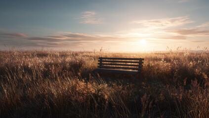 Empty wooden bench in golden field at sunrise