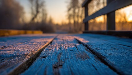 Wooden bridge planks covered in frost at sunrise
