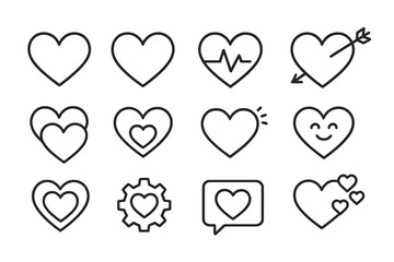 Heart icons set. Love line symbols collection. Valentine's Day linear pictogram bundle. Editable stroke. Romance, health, like, favorite and emotion vector signs for web.
