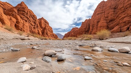 Obraz premium Majestic red rock canyon with a shallow riverbed under a partly cloudy sky captures arid beauty