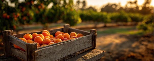 Wooden crate filled with ripe apricots in an orchard at sunset