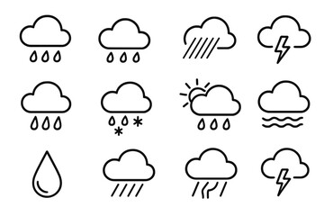 Weather line icon set. Rain, cloud, sun, storm, snow, wind, and thunder outline icons for web design and apps. Meteorology forecast graphics. Vector symbols collection.