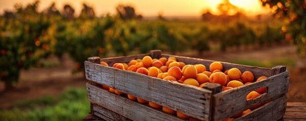 Wooden crate overflowing with ripe apricots at sunset