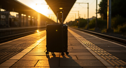 Travel suitcase on empty train station platform with golden light at sunrise or sunset