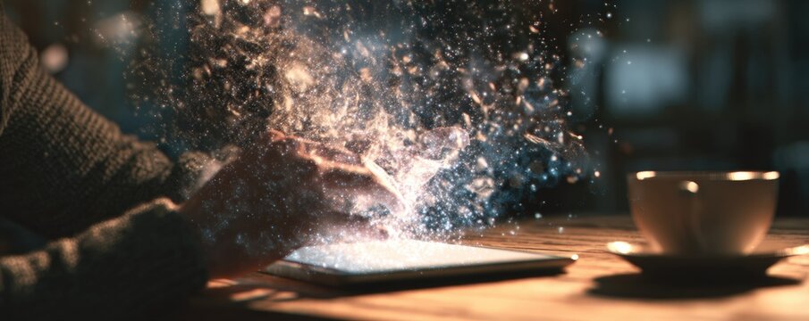 Hands interacting with a tablet in a cafe environment, featuring dynamic visual effects