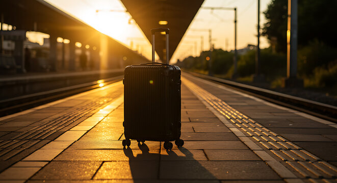 Travel suitcase on empty train station platform with golden light at sunrise or sunset