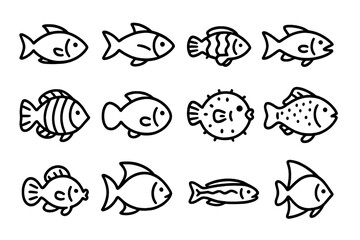 Naklejka premium Fish line icon collection. Set of simple outline signs for graphic design, web, apps. Aquatic animal pictogram. Marine life symbol. Seafood, fishing, aquarium vector elements.
