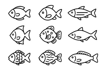 Fish line icon collection. Set of simple seafood and aquatic animal symbols. Outline vector pictogram for fishing logo, web design, mobile app, UI, UX. Marine life illustration.