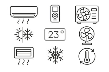 Air conditioning line icon set. HVAC, climate control symbols. Conditioner, fan, cooling, heating and ventilation pictograms. Editable stroke vector for web and apps.