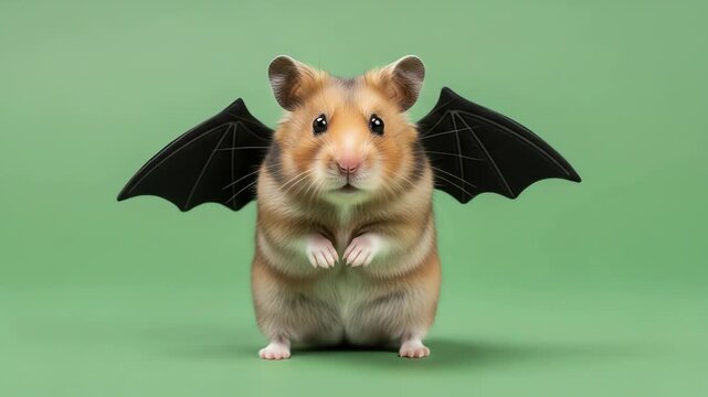 A hamster with black bat wings on a green background