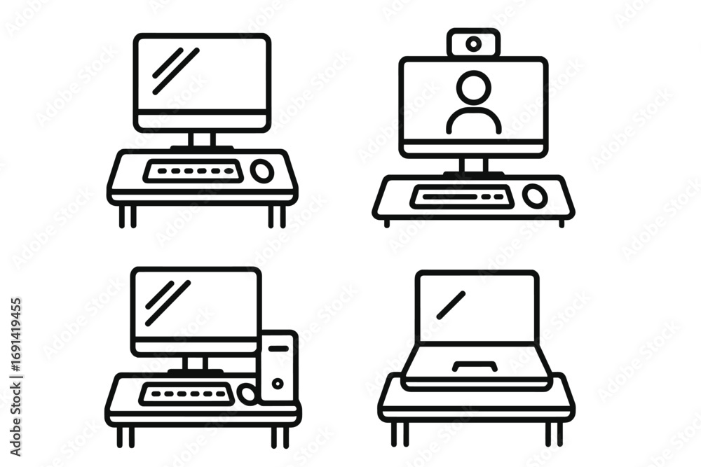 Poster computer workplace icon set. thin line art collection for web and apps. vector icons of desktop, lap
