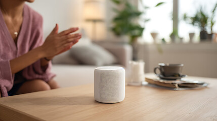 Person interacting with a smart speaker on a coffee table in a cozy living room