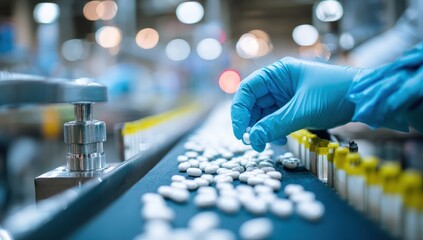 Pharmaceutical production line. A worker in blue gloves carefully checks pills on a conveyor belt