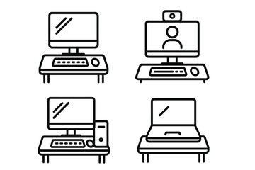 Computer workplace icon set. Thin line art collection for web and apps. Vector icons of desktop, laptop, video conference, and home office workstation. Editable stroke.