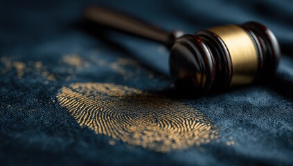 Judge's gavel rests on dark fabric with a gold fingerprint