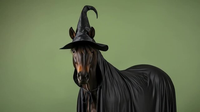 A horse wears a black witch hat and cloak against a green backdrop