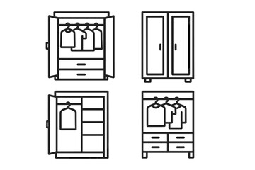 Closet wardrobe icon set. Vector line art collection of simple furniture for clothes storage. Minimalist pictogram symbols for home organization, drawer, cabinet, and dresser.