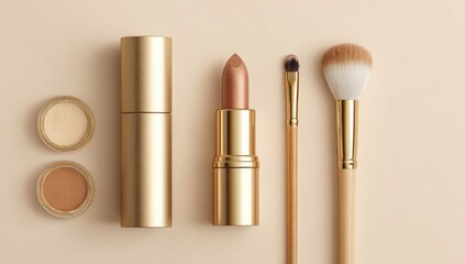 Gold makeup products arranged on a beige background