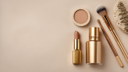 Beige makeup products on a pastel background