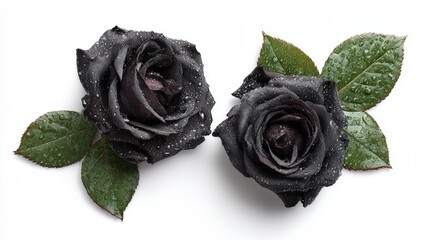 Two black roses with dew drops on white background
