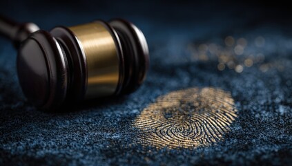 A Judge's gavel rests beside a prominent fingerprint