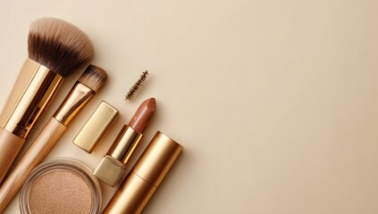 Makeup brushes, lipstick, and powder on a beige background