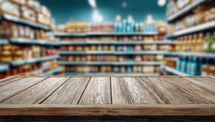Wooden table top, blurred supermarket background