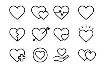 Heart icons line set. Love symbol collection. Health, care, charity. Broken heart, cupid arrow, heartbeat pulse. Relationship sign. Editable stroke pictogram for web design.