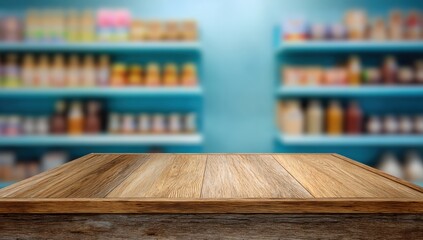 Wooden table top in front of a blurred supermarket aisle (2)