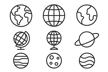 Globe and planet line icon set. Earth, world, and space symbols for graphic and web design. Vector outline pictogram collection for apps, astronomy, and geography concepts.
