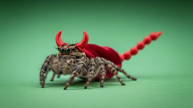 A jumping spider wearing red devil horns and a cape