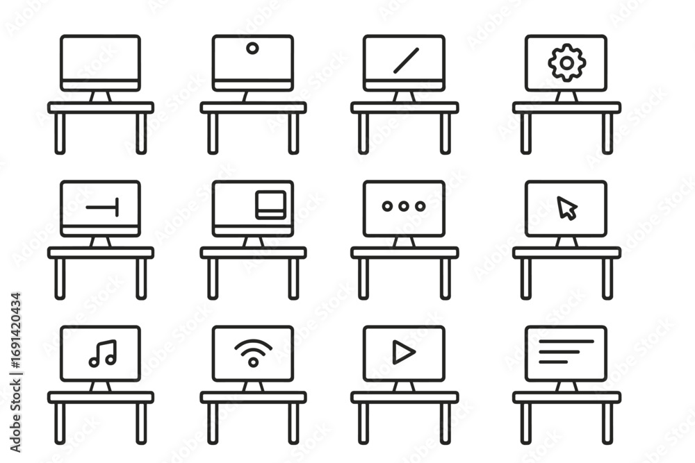 Fototapete computer monitor on desk thin line icon set. collection of user interface symbols for websites and a