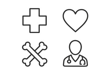Obraz premium Medical icon set. Health care line pictograms. Doctor, heart, bones, cross symbols. Medicine, hospital, clinic, pharmacy signs. Cardiology, orthopedics, emergency concepts.