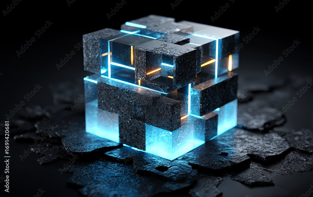 Poster modern glowing cube with intricate geometric patterns and blue lights