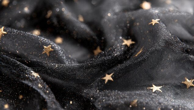 Black tulle fabric with gold stars