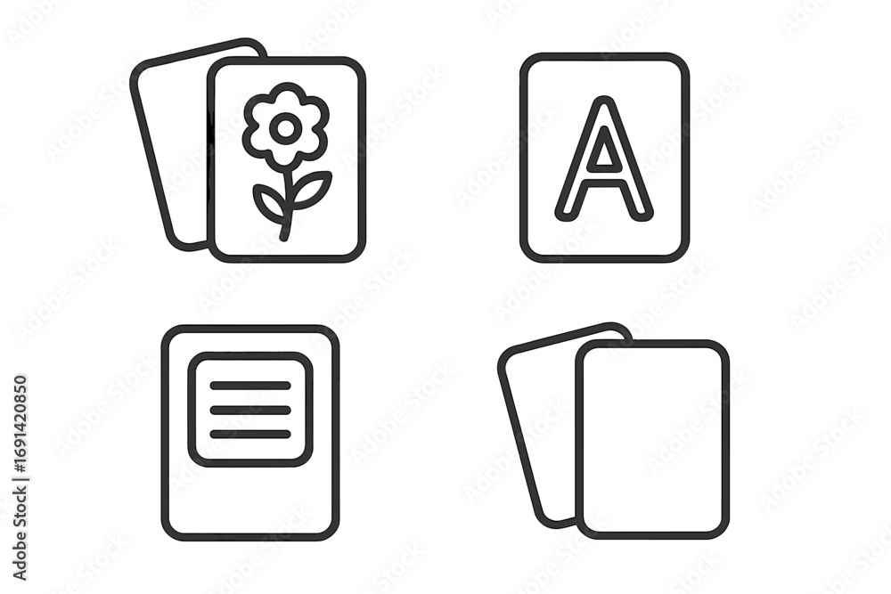 Poster flash card and memory card line icon set. editable stroke vector for learning and education. alphabe