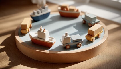 Wooden toy vehicles arranged on a round tray, bathed in sunlight