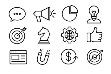 Business and marketing line icon set. Vector symbols for strategy, communication, digital media, sales growth, targeting, SEO, finance and analysis. Outline icons for web.