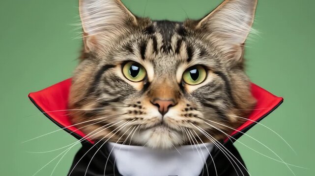 A Maine Coon cat in a vampire costume