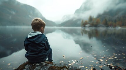 Boy sitting alone looking the fogy river