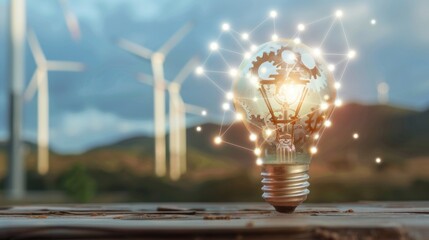 Concept innovation renewable energy solution, glowing light bulb with wind turbines